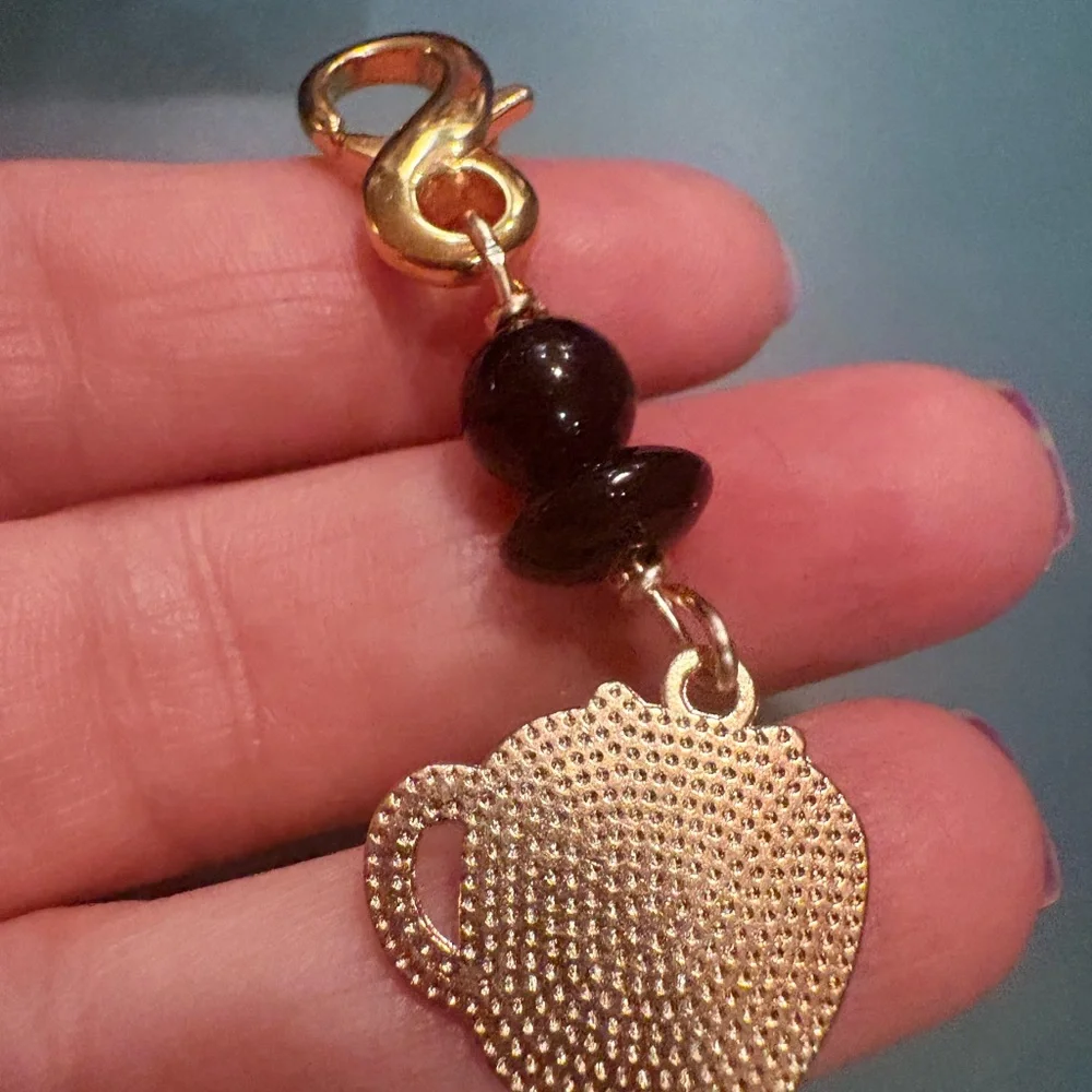 Boutique: Charming Cat Coffee Cup Keychain zipper pull- Black and Gold